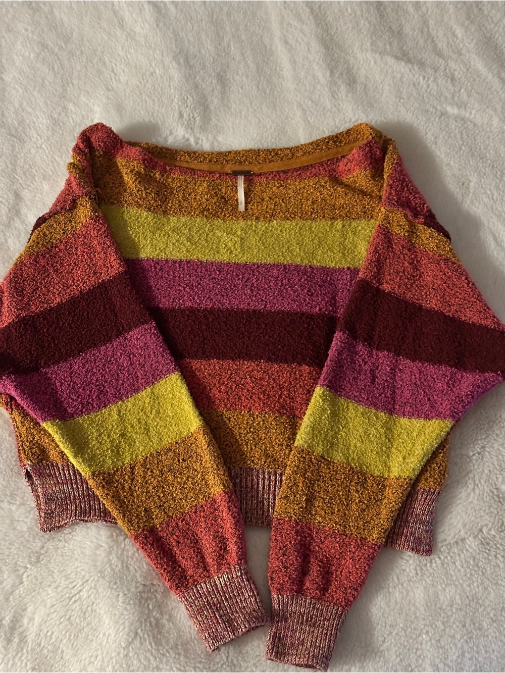 Free People Cropped Striped Bouclé Sweater in Pink, Yellow, Orange & Burgundy